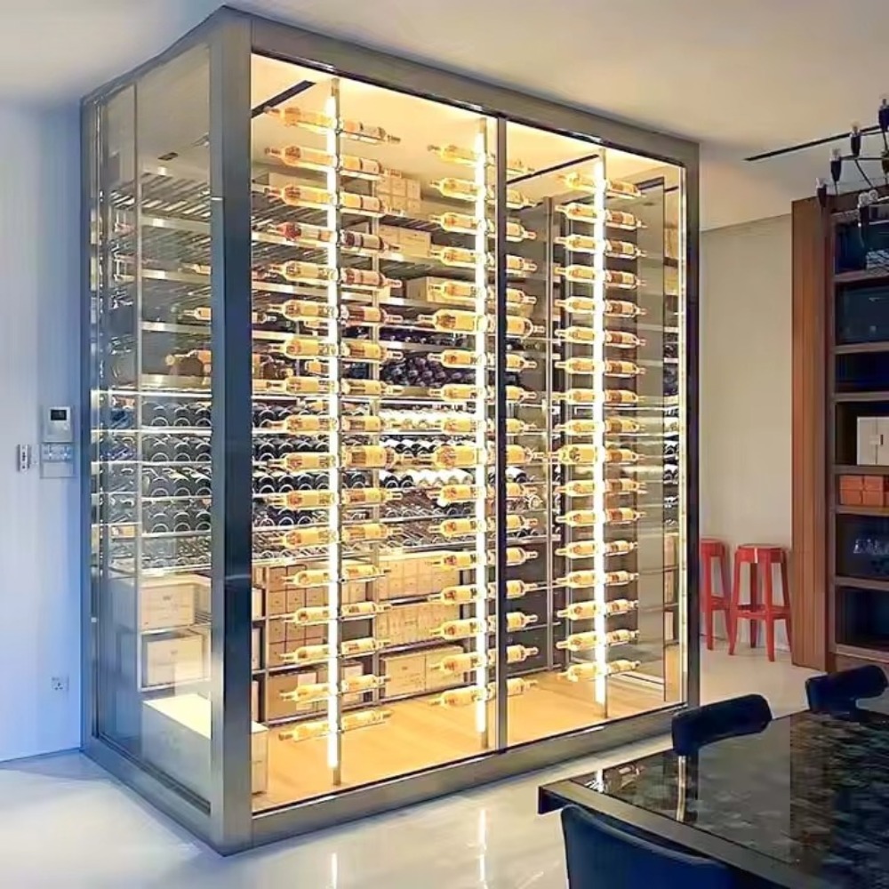 Storage & Organization - ชั้นวางไวน์ตั้งพื้นถึงเพดานสำหรับห้องนั่งเล่น ตู้โชว์ไวน์ทันสมัย เฟอร์นิเจอร์ห้องนั่งเล่น ตู้เก็บไวน์ในบ้านพร้อมไฟ LED