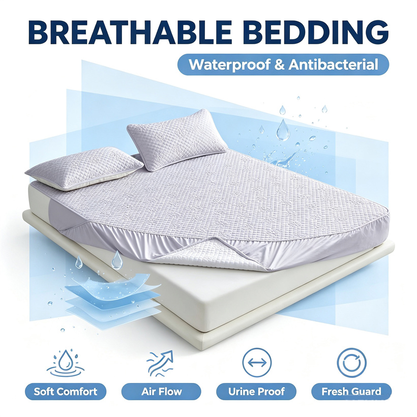 Waterproof Mattress Protector Breathable - ผ้าคลุมที่นอนกันน้ำแบบมีลายปั๊มนูน ผ้าคลุมเตียงแบบควิลท์ ผ้าคลุมที่นอนหนาพิเศษ ป้องกันไรฝุ่น ระบายอากาศได้ดี พร้อมสายรัดยางยืดแบบพอดีตัว
