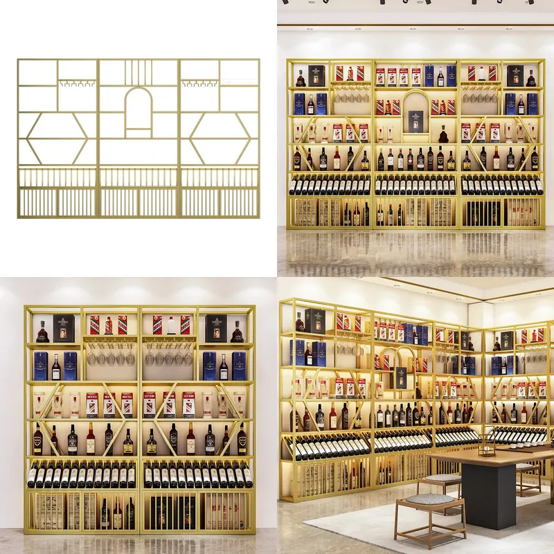 Storage & Organization - ชั้นวางไวน์เหล็กดัดแบบโมเดิร์นตั้งพื้นถึงเพดาน ชั้นโชว์โลหะหรูหราสำหรับขวดไวน์แดง เหมาะสำหรับบาร์ในบ้านและการจัดเก็บเชิงพาณิชย์